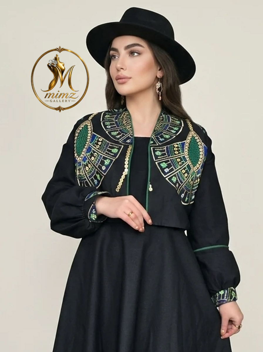 کت کراپ طرح طاووس | جنس لینن | سوزندوزی مجلسی سبز–آبی